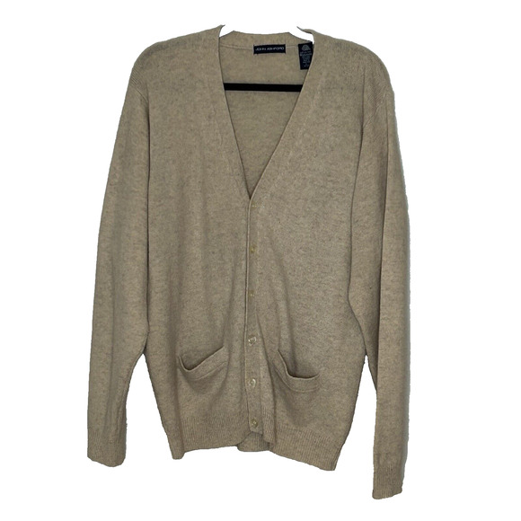 John Ashford Cardigan L Beige Wool Sweater Buttons Grandpa Slouchy Unisex - Picture 1 of 5